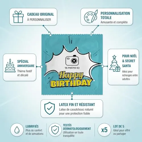 Callvin Happy Birthday préservatifs personnalisables lot de 5 latex fin