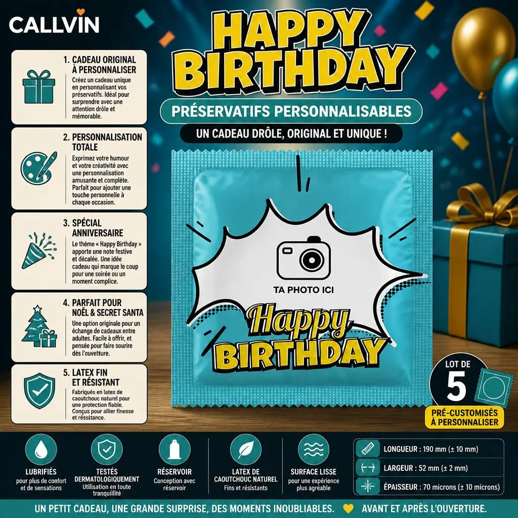 Callvin Happy Birthday préservatifs personnalisables lot de 5 latex fin