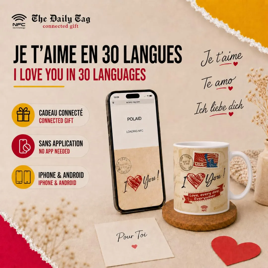 Callvin DailyTag mug connecté NFC 325 ml je t'aime 30 langues