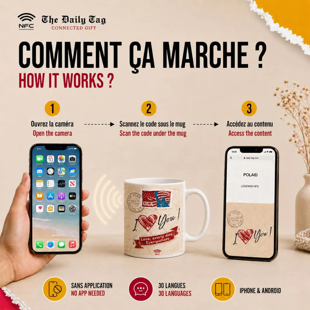Callvin DailyTag mug connecté NFC 325 ml je t'aime 30 langues