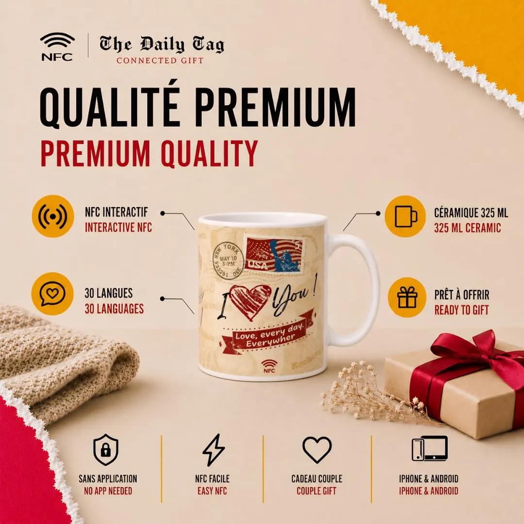 Callvin DailyTag mug connecté NFC 325 ml je t'aime 30 langues