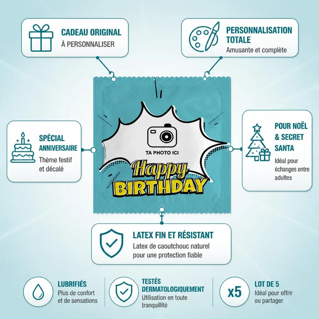 Callvin Happy Birthday préservatifs personnalisables lot de 5 latex fin