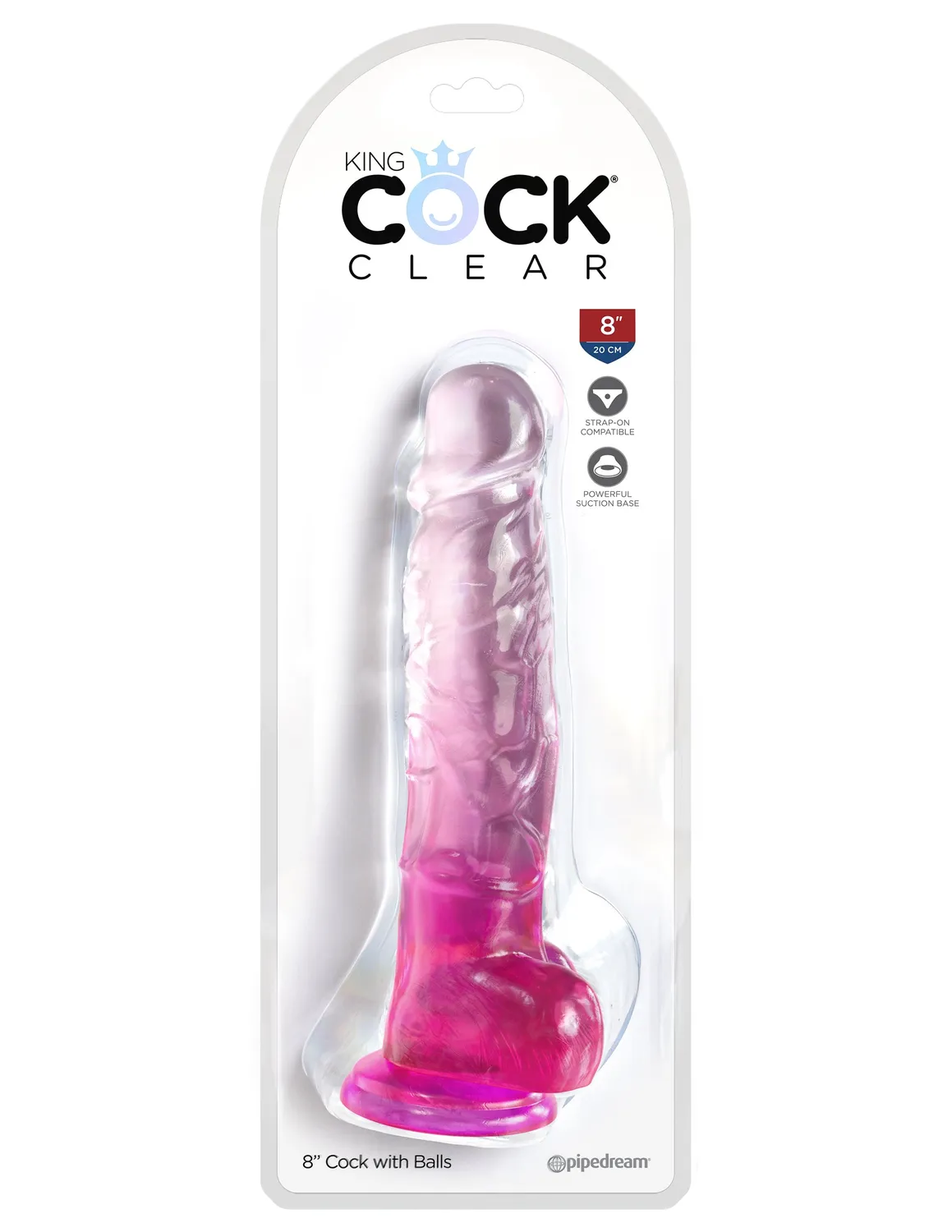 King Cock Clear 8" gode transparent rose testicules