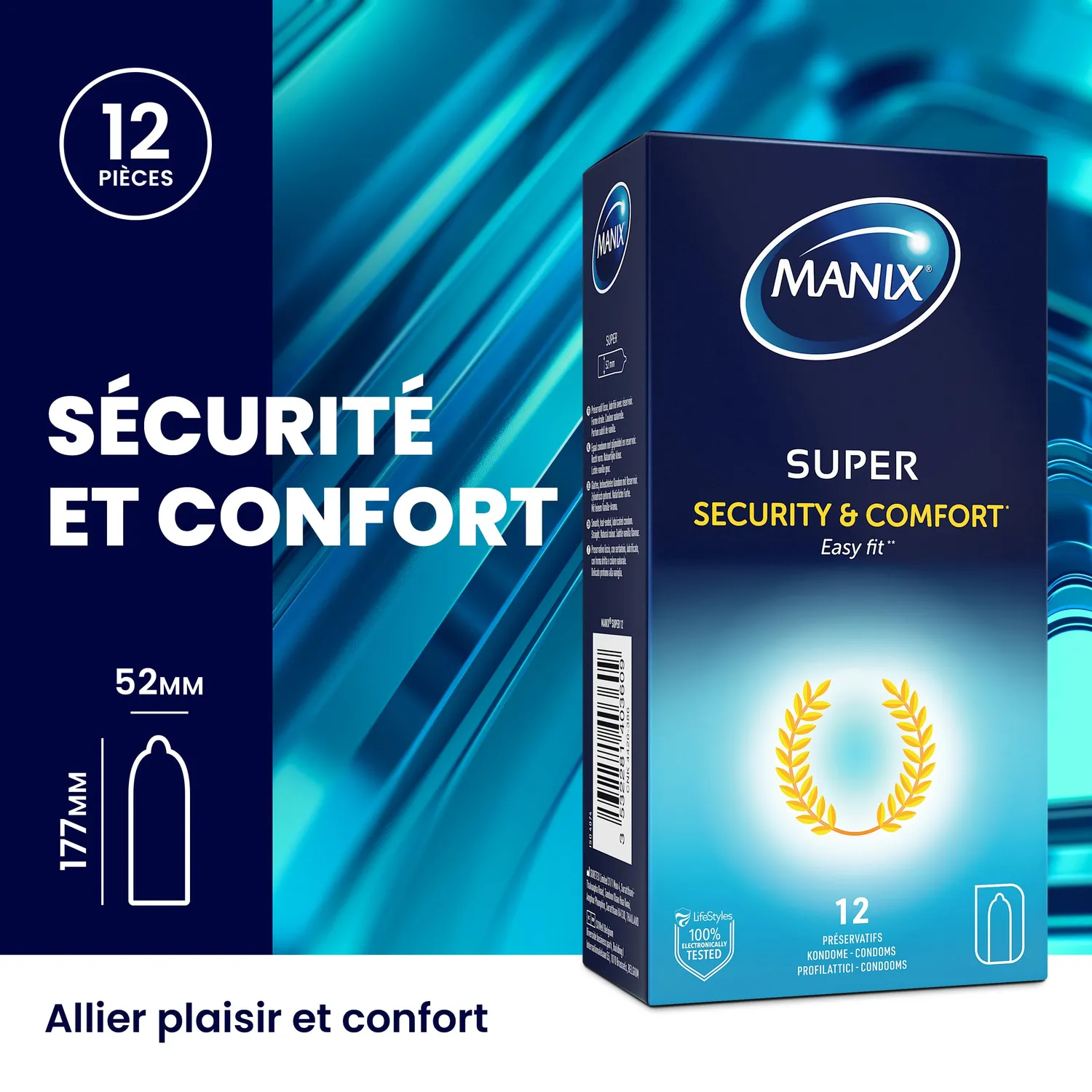 Manix Super préservatifs latex fins boîte de 12 taille 52mm