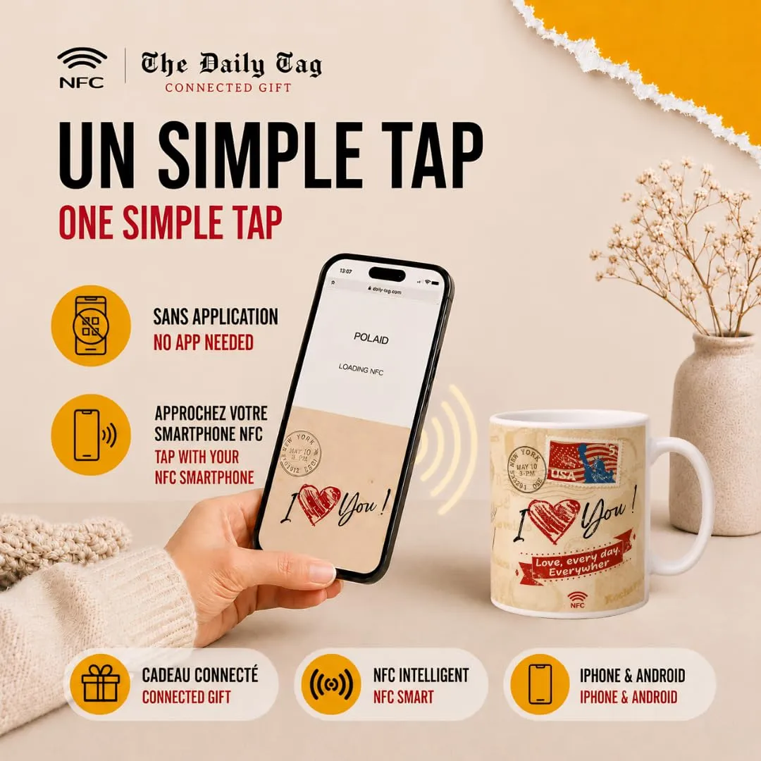 Callvin DailyTag mug connecté NFC 325 ml je t'aime 30 langues